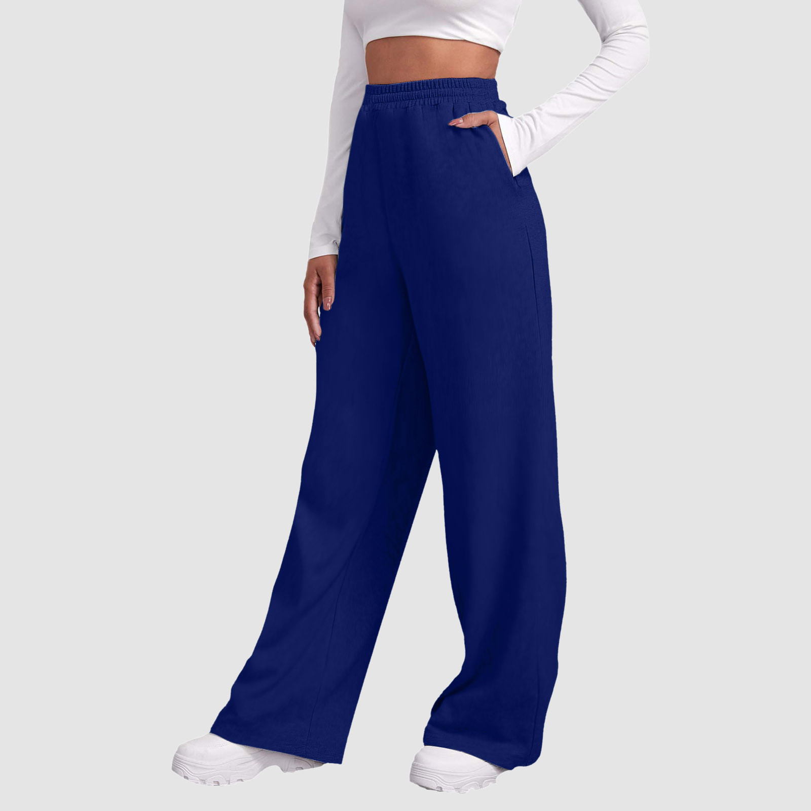 thumbnail image 3 of Pantalones de chándal con forro polar para mujer: cintura alta, pierna ancha y bolsillos; poliéster ligero para primavera/otoño; diseño con lazo delantero; informal/trabajo/yoga; tallas S-XXL., 3 of 7